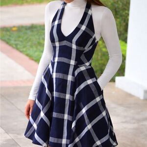 Eva Franco Navy Blue and White Plaid Dress